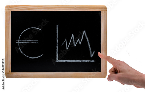 Hand pointing to Euro value diagram on a blackboard on white background © EnesBerkay