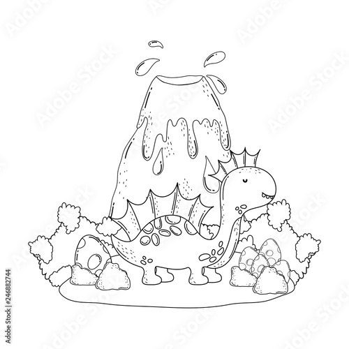 cute apatosaurus with volcano scene