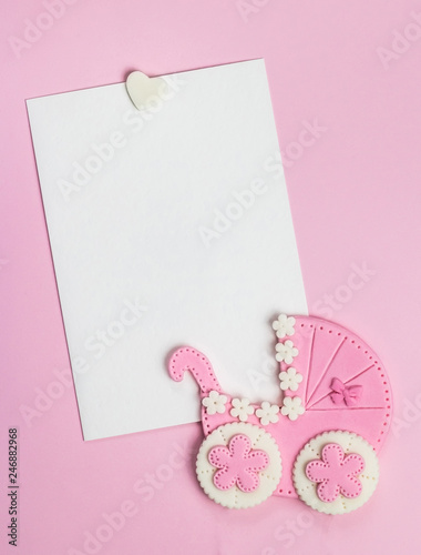 Newborn background. Baby girl shower invitation. Birth announcement. Flat lay, text space