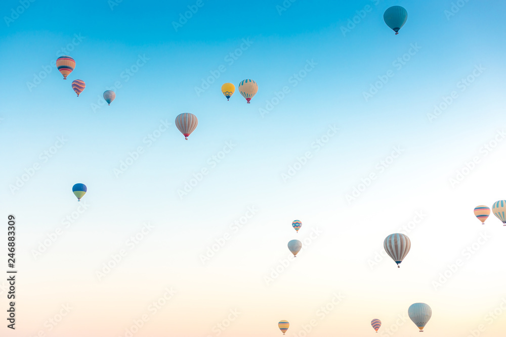 Fototapeta premium Colorful hot air balloons isolated on blue sky background. Colorful hot air balloon flying over at fairy chimneys in Nevsehir, Goreme, Cappadocia Turkey. 