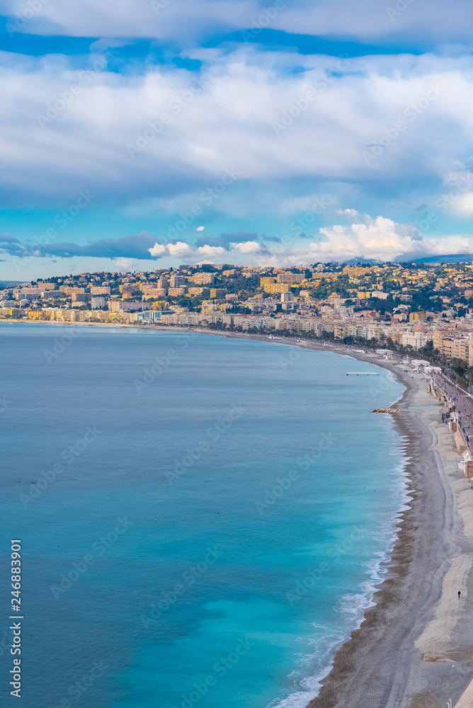 Nice, aerial view of the promenade des Anglais, the old town on the French Riviera