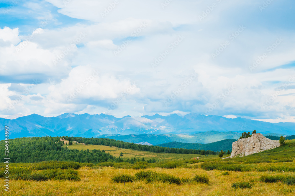 Spectacular view of mountain scenery. Landscape with footpath near rocky stone in highlands. Rock with trees and vegetation. Distant giant mountains under cloudy sky. Wonderful scenic mountainscape.