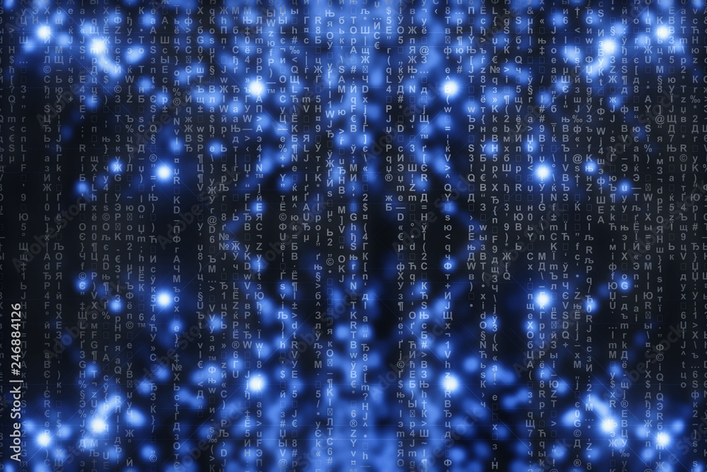 Matrix on blue digital background. Characters fall down. Stream of symbols. Shiny virtual reality with copy space. Sparkle backdrop. Complex algorithm. Falling letters and numbers. Hacking computer. Matrix on blue digital background. Characters fall down. Stream of symbols. Shiny virtual reality with copy space. Sparkle backdrop. Complex algorithm. Falling letters and numbers. Hacking computer.