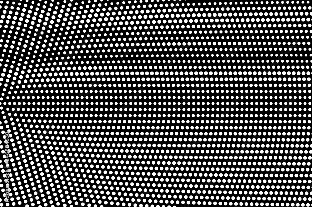 White dots on black background. Frequent halftone vector texture. Radial dotwork gradient. Monochrome halftone