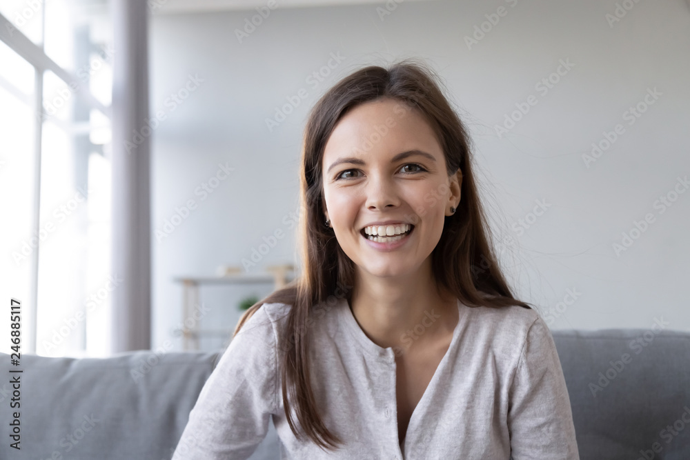 Four Teen Girls Webcam - Smiling teen girl speaking by video call distance job interview looking at  camera talking to webcam, female vlogger recording vlog at home, teacher  student teach study online, head shot portrait Stock Photo |