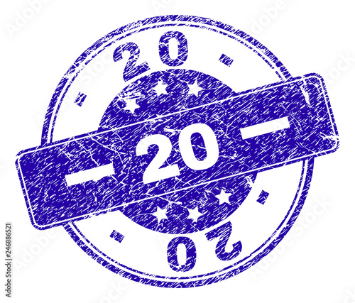 20 stamp seal watermark with distress effect. Designed with rounded rectangle and circles. Blue vector rubber watermark of 20 tag with unclean texture.