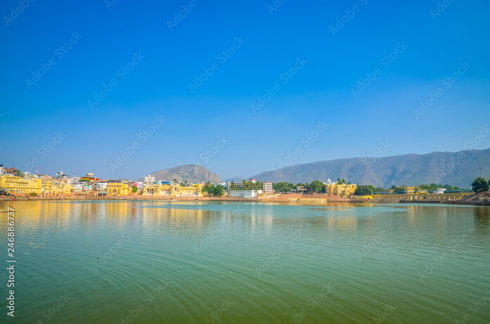 Panoramic view on Holy Lake and city Pushkar, Rajasthan, India.