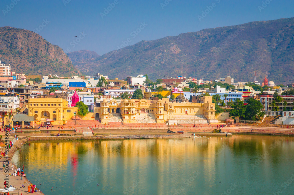Panoramic view on Holy Lake and city Pushkar, Rajasthan, India.