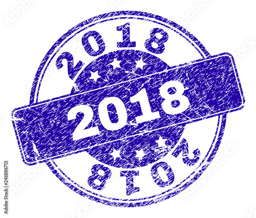 2018 stamp seal imprint with distress texture. Designed with rounded rectangle and circles. Blue vector rubber watermark of 2018 tag with dust texture.