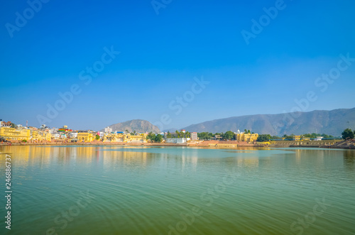 Panoramic view on Holy Lake and city Pushkar, Rajasthan, India. © Olena Zn