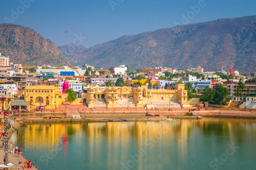 Panoramic view on Holy Lake and city Pushkar, Rajasthan, India. photo