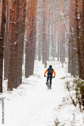 Winter riding a mountain bike in the forest