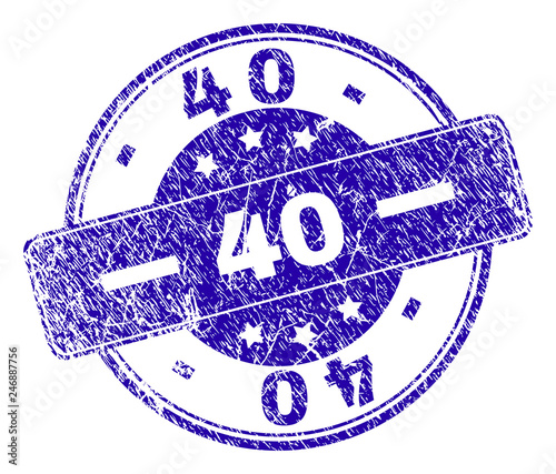 40 stamp seal watermark with distress style. Designed with rounded rectangle and circles. Blue vector rubber watermark of 40 title with dirty style.