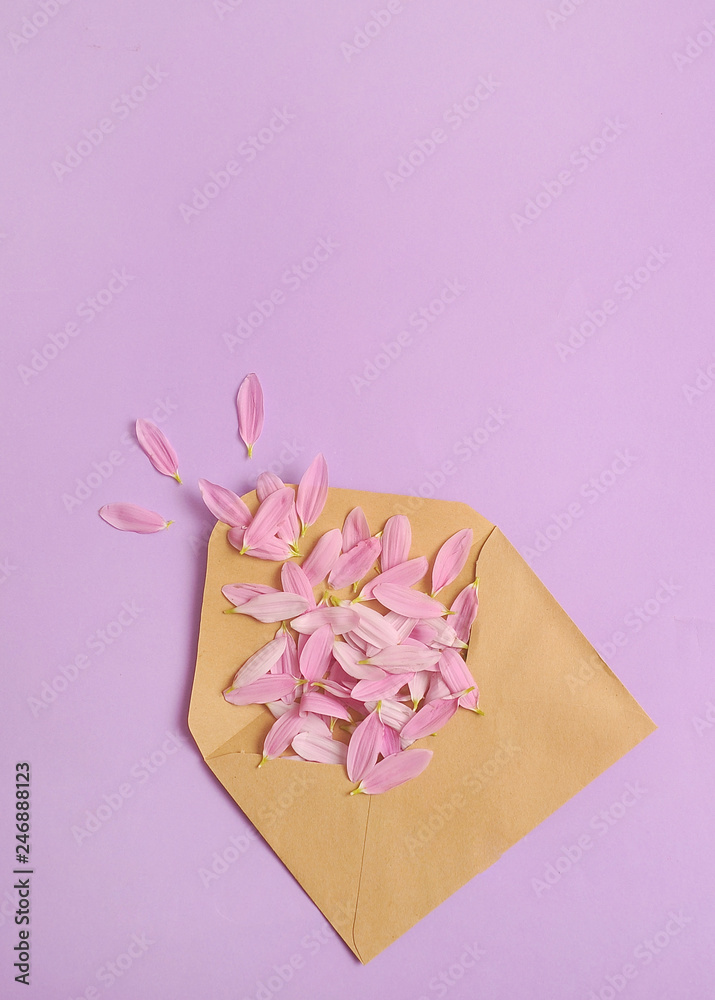Envelope with flower's petals on colorful background.