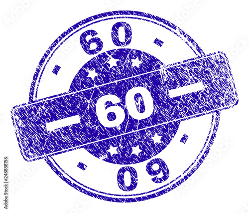 60 stamp seal watermark with distress style. Designed with rounded rectangle and circles. Blue vector rubber watermark of 60 tag with corroded style.