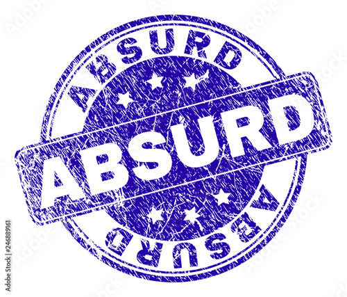 ABSURD stamp seal imprint with grunge style. Designed with rounded rectangle and circles. Blue vector rubber print of ABSURD caption with grunge style.
