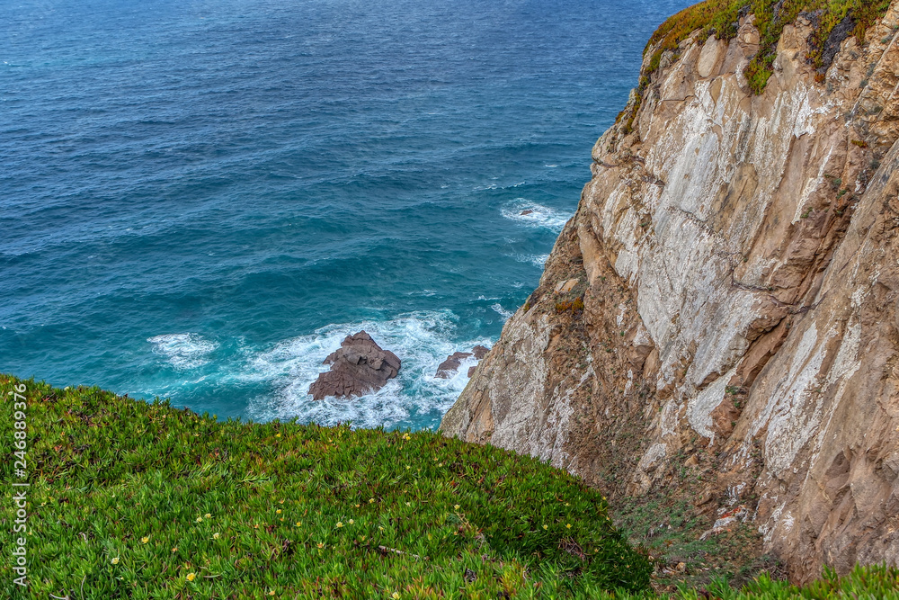 View of Atlantic Ocean and rocks in Cabo da Roca (Cape Roca), Portugal