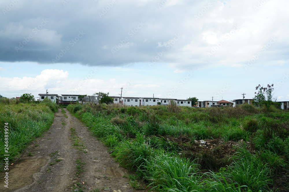 View of the countryside with typical houses in the background near Bacolod City, Philippines View of the countryside with typical houses in the background near Bacolod City, Philippines
