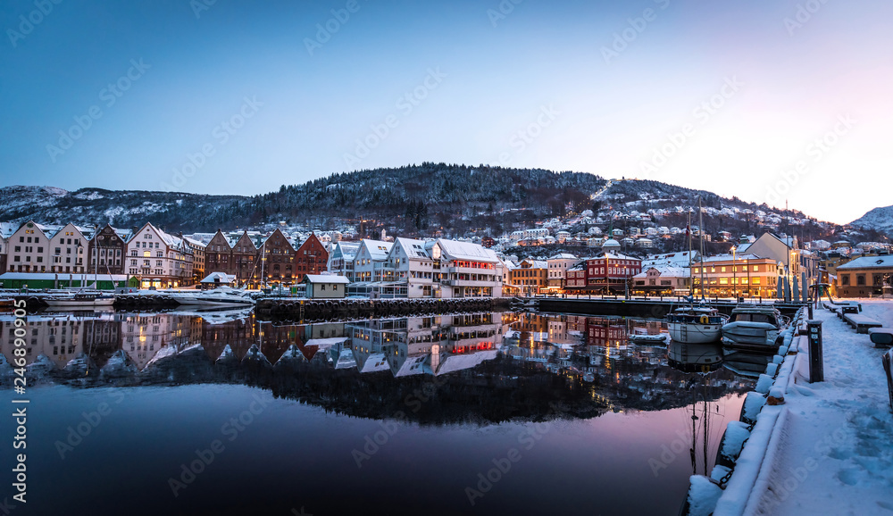 Famous Bryggen street with wooden colored houses in Bergen at Christmas, Norway