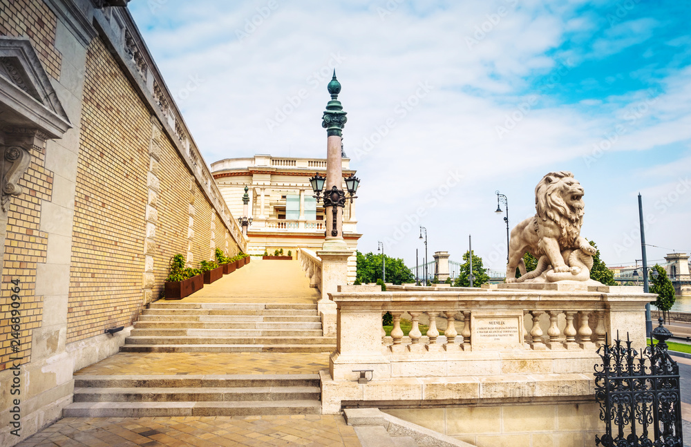 lion statue on stairs in Buda castle at entrance, Budapest