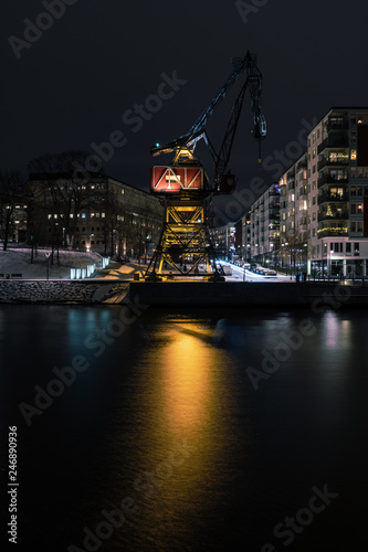 Photography night view of crane at luma park in hammarby sjöstad stockholm