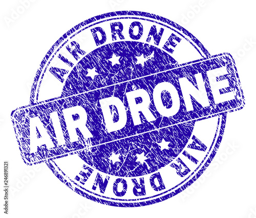 AIR DRONE stamp seal watermark with distress texture. Designed with rounded rectangle and circles. Blue vector rubber watermark of AIR DRONE text with unclean texture.