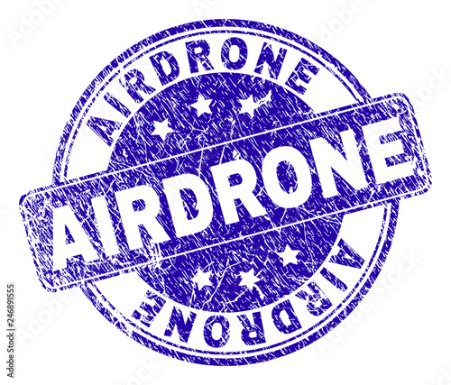 AIRDRONE stamp seal imprint with distress texture. Designed with rounded rectangle and circles. Blue vector rubber watermark of AIRDRONE title with unclean texture.