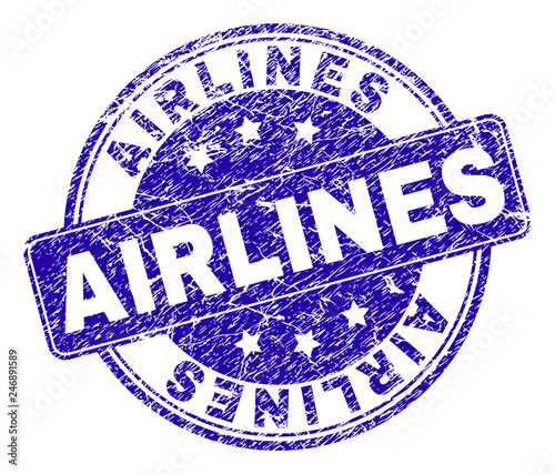 AIRLINES stamp seal watermark with distress texture. Designed with rounded rectangle and circles. Blue vector rubber print of AIRLINES caption with corroded texture.