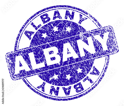ALBANY stamp seal imprint with grunge texture. Designed with rounded rectangle and circles. Blue vector rubber print of ALBANY label with dust texture.