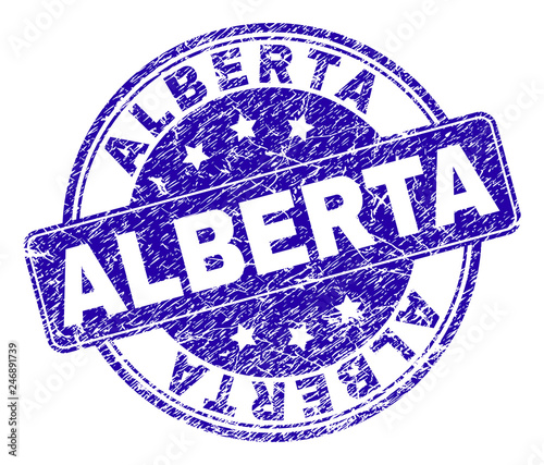 ALBERTA stamp seal imprint with grunge texture. Designed with rounded rectangle and circles. Blue vector rubber watermark of ALBERTA caption with grunge texture.