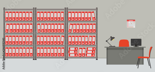 Archive. The room for storage of documents. The workplace of the archivist. There are shelves with red folders, a desk, a computer, chairs and other objects in the picture. Vector illustration