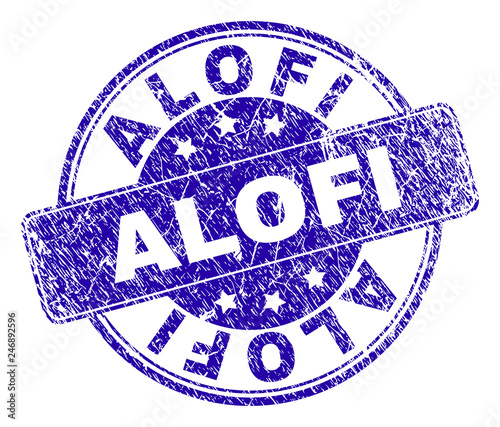 ALOFI stamp seal watermark with distress texture. Designed with rounded rectangle and circles. Blue vector rubber print of ALOFI label with corroded texture.