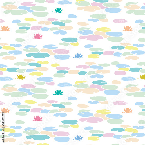 Delicate, simple, colorful and festive water lilies pattern in pastel colors, with empty white water/space around them and some flowers blooming. Subtle and abstract seamless texture ready to use