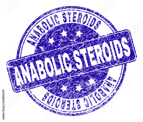 ANABOLIC STEROIDS stamp seal watermark with distress style. Designed with rounded rectangle and circles. Blue vector rubber watermark of ANABOLIC STEROIDS tag with unclean style.