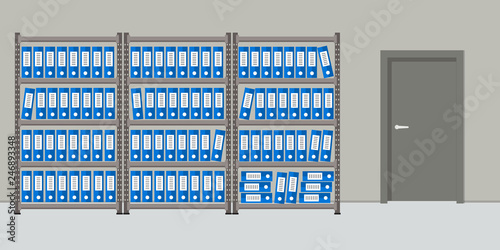 Archive. The room for storage of documents. Interior. There are racks with blue folders on a door background in the picture. Vector illustration