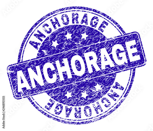 ANCHORAGE stamp seal watermark with grunge texture. Designed with rounded rectangle and circles. Blue vector rubber watermark of ANCHORAGE label with scratched texture.