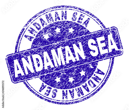 ANDAMAN SEA stamp seal imprint with distress style. Designed with rounded rectangle and circles. Blue vector rubber print of ANDAMAN SEA title with dust style.