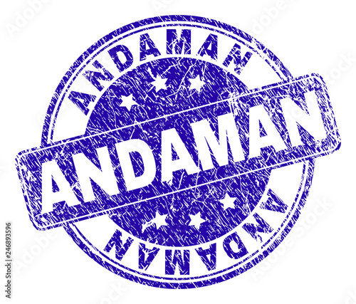 ANDAMAN stamp seal imprint with grunge texture. Designed with rounded rectangle and circles. Blue vector rubber watermark of ANDAMAN title with grunge texture.