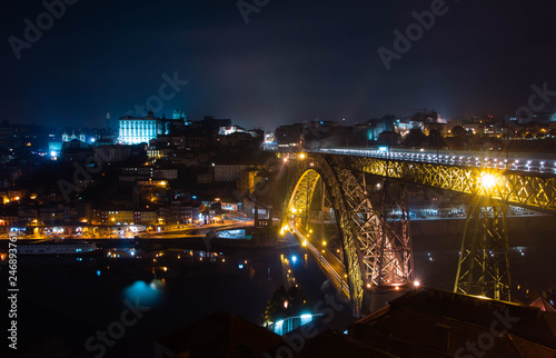 View at night to the famous Dom Luís I Bridge in Oporto, Portugal 