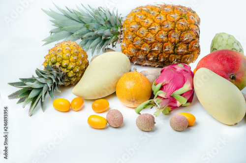 Exotic fruits on white background