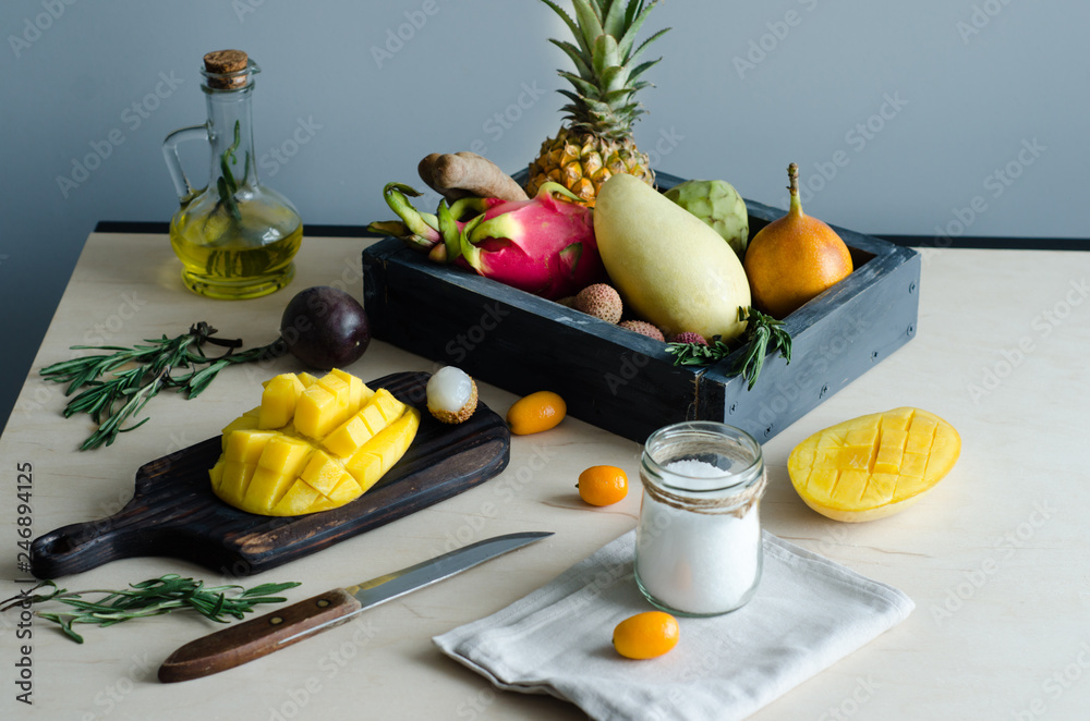 Citrus fruits on a brown wooden table Citrus fruits on a brown wooden table