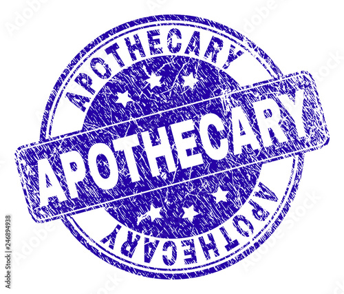 APOTHECARY stamp seal imprint with distress texture. Designed with rounded rectangle and circles. Blue vector rubber watermark of APOTHECARY tag with scratched texture.