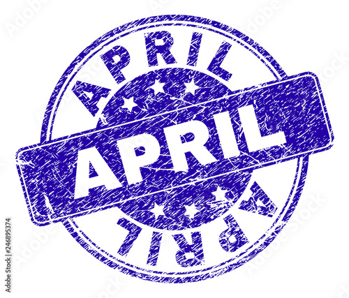 APRIL stamp seal watermark with grunge texture. Designed with rounded rectangle and circles. Blue vector rubber watermark of APRIL label with unclean texture.