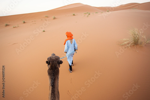 Berber with his camel in desert Sahara, Morocco. View from above