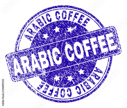 ARABIC COFFEE stamp seal imprint with grunge texture. Designed with rounded rectangle and circles. Blue vector rubber watermark of ARABIC COFFEE label with grunge style.