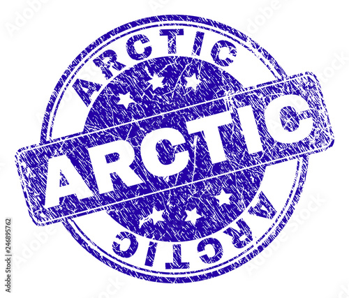 ARCTIC stamp seal watermark with distress texture. Designed with rounded rectangle and circles. Blue vector rubber watermark of ARCTIC label with dust texture.