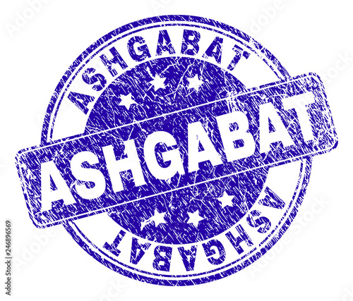 ASHGABAT stamp seal imprint with grunge effect. Designed with rounded rectangle and circles. Blue vector rubber print of ASHGABAT label with grunge style.