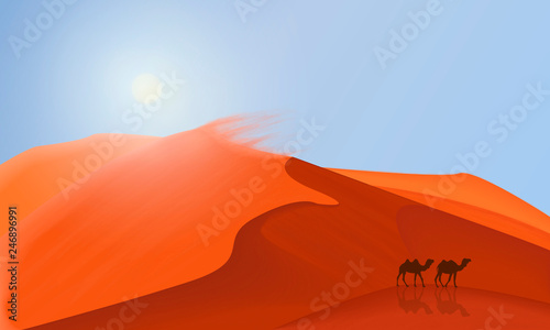 Desert dunes landscape background with camels walking in the desert . Simple flat minimalism illustration.