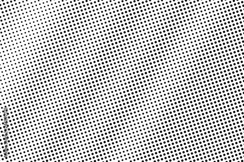 Black on white distressed halftone texture. Diagonal dotwork gradient. Dotted vector background