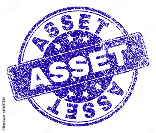 ASSET stamp seal watermark with distress style. Designed with rounded rectangle and circles. Blue vector rubber watermark of ASSET tag with scratched style.
